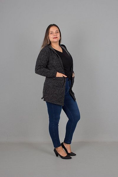 Truva XXL Large Size Glittery Hooded Knitwear Cardigan Black