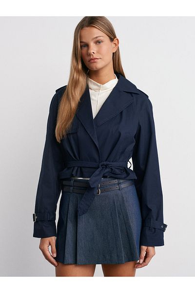 Dilvin 60745 Buckle Crop Trench Coat-Navy Blue