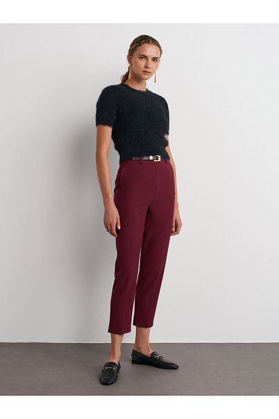 Dilvin 71293 Belted High Waist Trousers-Burgundy