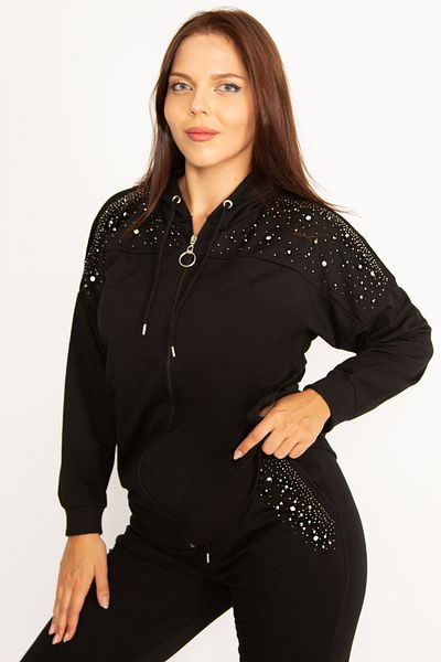 Şans Plus Size Black Jewelled Sweatshirt and Trousers Set - Front Zipper and Hood Detail 65N38387
