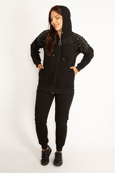 Şans Plus Size Black Jewelled Sweatshirt and Trousers Set - Front Zipper and Hood Detail 65N38387