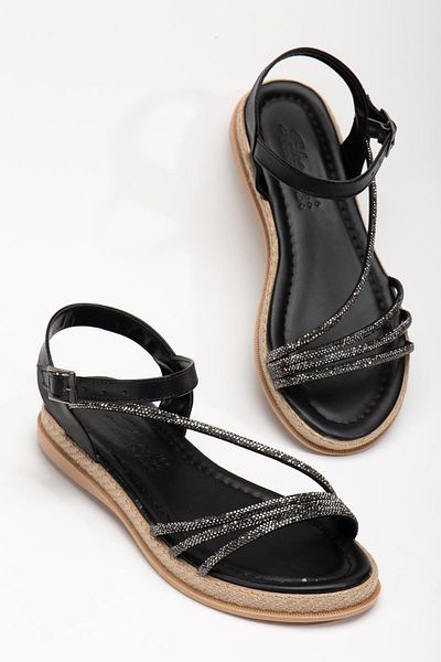Dilimler Ayakkabı Black Stone Banded Jute Wrap Women's Flat Heeled Sandals