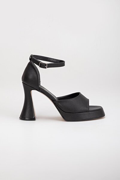 Dilimler Ayakkabı Thick Single Strap Goblet Heel Skin Black Women's Platform Heel Sandals