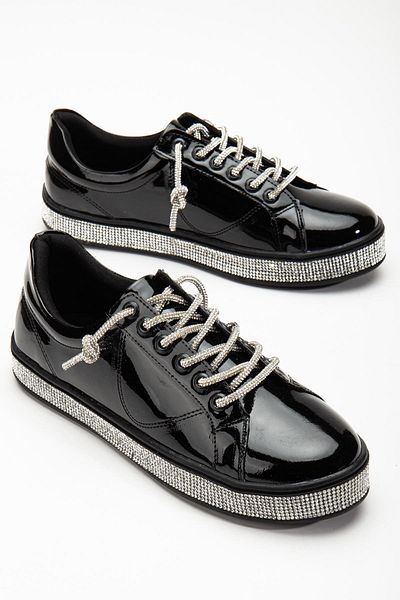 Dilimler Ayakkabı Patent Leather Sole Lacing Stoned Black Women's Sports Shoes