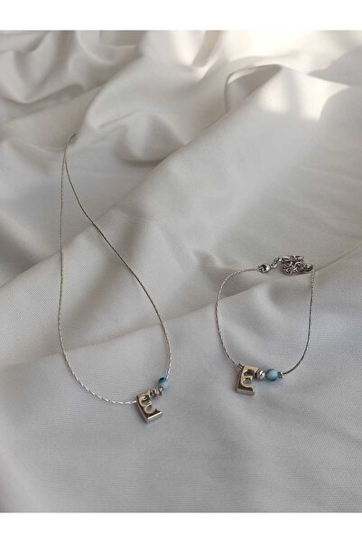 bijoux uniques طقم قلادة وسوار مطلي بتفاصيل خرز عين الشر على شكل حرف E