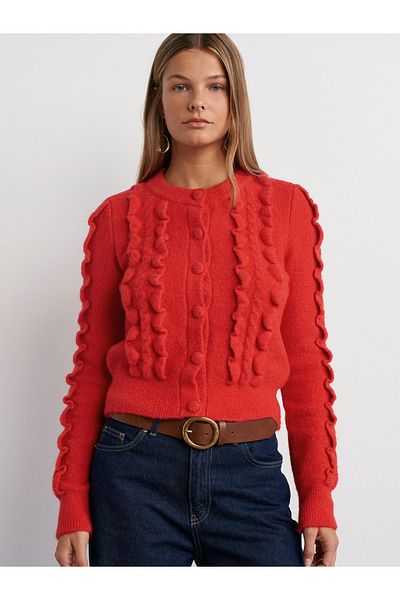 Dilvin 60267 Crew Neck Frilly Buttoned Knitwear Cardigan-Red