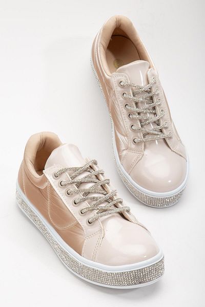 Dilimler Ayakkabı Nude Silver Patent Leather Lacing Stoned Women's Sports Shoes