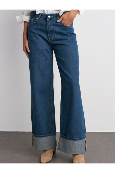 Dilvin 71726 Pantaloni albaștri din denim ondulat cu croiala largă