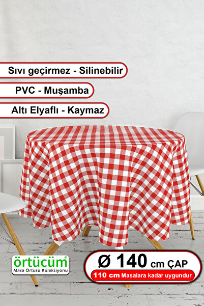 Örtücüm Yuvarlak Kırmızı Beyaz Pötikareli Astarlı Pvc Muşamba Mutfak Masa Ört...