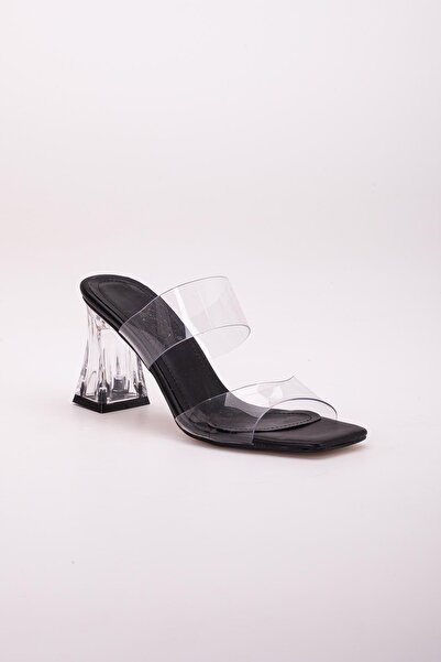 Dilimler Ayakkabı Black Transparent Women's Heeled Slippers - Two Stripes