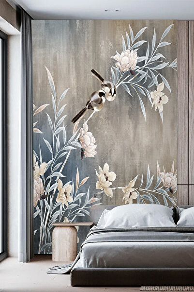 poster marketi Tek Parça Çiçek Desenli Kuş Figürlü Duvar Kağıdı - Modern Salo...