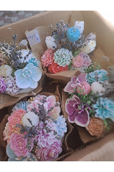 Handmade Büyük Saksıda Mum Çiçek Ve Kuru Çiçeklerden Oluşan Arajman