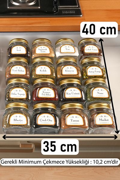 color house Glass Jar Spice Rack 300 cc 16 Pieces of Pasabahce and 4 Pieces of Drawer Organizer 35cm Long10cm Load