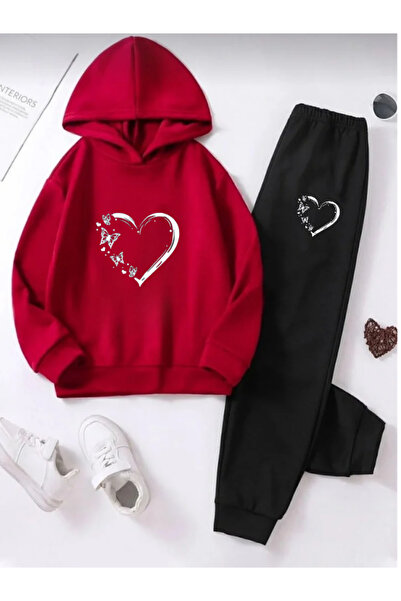 DOCE ELEGANTE Kırmızı kalp baskılı çocuk eşofman takımı
