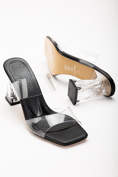 Dilimler Ayakkabı Black Transparent Women's Heeled Slippers - Two Stripes