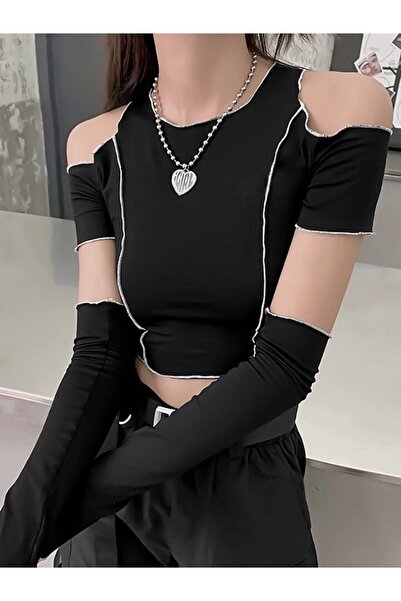 DarkellaStore Punk Harajuku Omzu Açık Kolluklu Crop Bluz