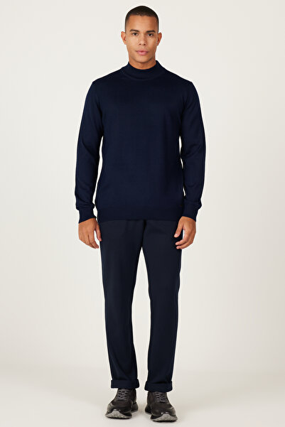 ALTINYILDIZ CLASSICS Мъжки син вълнен пуловер със стандартна кройка, нормален крой и полуриза яка.