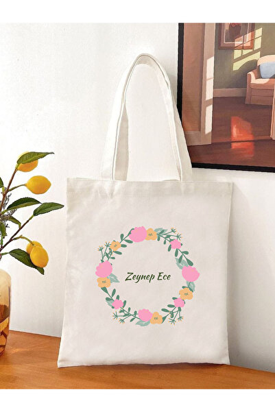 Cemira İsimli Çanta İsme Özel Hediye Çanta, Çiçekli Kişiye Özel Tote Bag, Kitap Çantası, Omuz Çantası