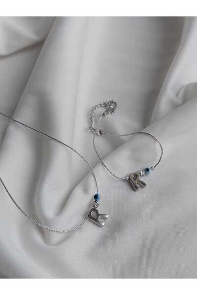 bijoux uniques طقم قلادة وسوار مطلي بتفاصيل خرز عين الشر على شكل حرف R
