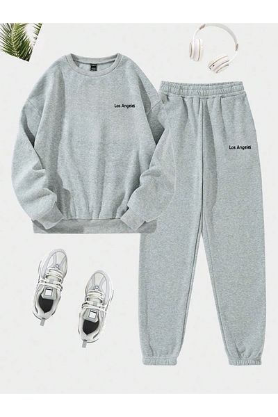 EXPECTED Unisex Oversize Printed Cotton Raised Crew Neck Elastic Bottom Top Tracksuit Set