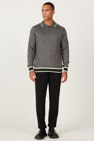 ALTINYILDIZ CLASSICS Herren-Strickpullover aus grau-khakifarbener Wolle mit normaler Passform und Polokragen