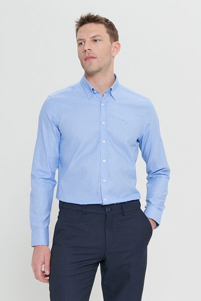 ALTINYILDIZ CLASSICS Cămașă Dobby pentru bărbați, albastră, slim fit, cu guler ascuns cu nasturi