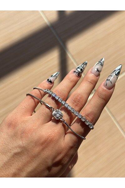 Alsem 925 Ayar Gümüş Rodyum Renk Asansörlü Su Yolu ve Baget Bileklik Seti ,Sevgiliye Hediye Seti