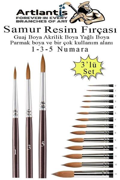 Artlantis Resim Fırçası 1 - 3 - 5 Numara 1 Paket 3 lü Samur Yuvarlak Uçlu Fır...