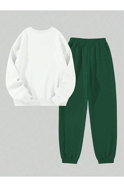 EXPECTED Unisex Oversize Printed Cotton Raised Crew Neck Elastic Bottom Top Tracksuit Set