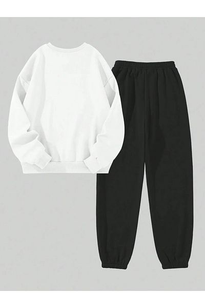 EXPECTED Unisex Oversize Printed Cotton Raised Crew Neck Elastic Bottom Top Tracksuit Set