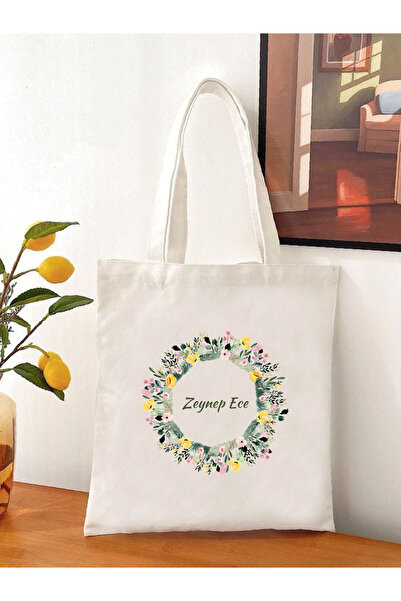 Cemira İsimli Çanta İsme Özel Hediye Çanta, Çiçekli Kişiye Özel Tote Bag, Kitap Çantası, Omuz Çantası