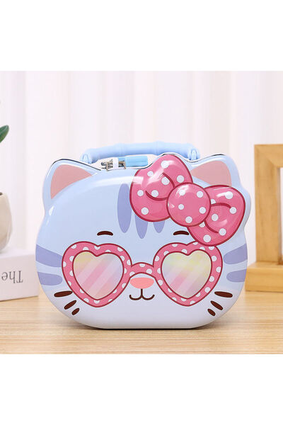 Livava Метална касичка-прасенце с катинар и чантичка, сладка котка, синя, 15x11