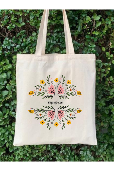 Cemira İsme Özel Hediye Çanta, Çiçekli Kişiye Özel Tote Bag, Kitap Çantası, S...
