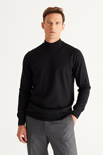 ALTINYILDIZ CLASSICS Ανδρικό μαύρο μάλλινο πλεκτό πουλόβερ κανονικής εφαρμογής με μισό ζιβάγκο