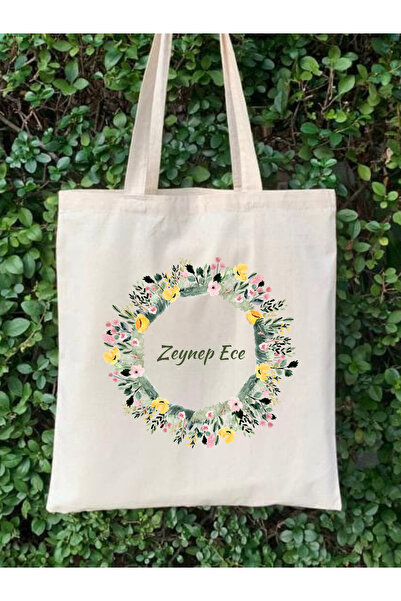 Cemira İsimli Çanta İsme Özel Hediye Çanta, Çiçekli Kişiye Özel Tote Bag, Kitap Çantası, Omuz Çantası