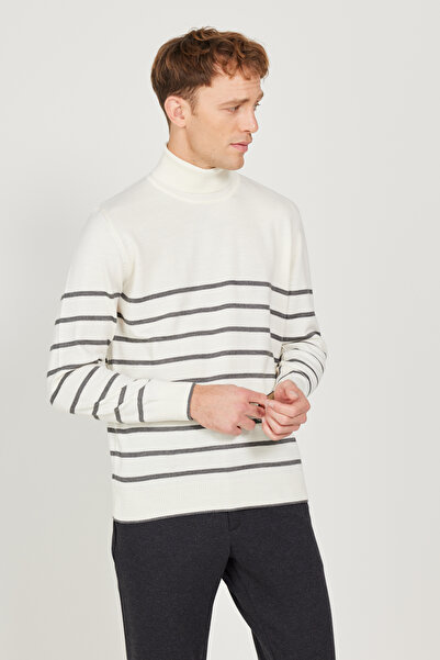 ALTINYILDIZ CLASSICS Erkek Ekru-gri Yünlü Standart Fit Normal Kesim Tam Balıkçı Yaka Triko Kazak