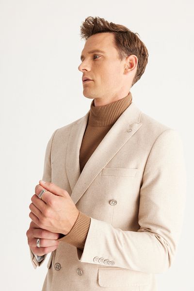 ALTINYILDIZ CLASSICS Men's Beige Slim Fit Slim Fit Swallow Collar Wool Suit