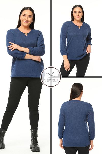 tarzımsüper Large Size Collar Detailed Knitwear Blouse Soft Textured Sleeves with Elastic Comfort Model Stylish Knitwear Sweater