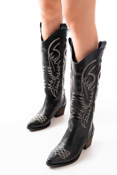 Ms Sugar Cizme lungi de damă Western Cowboy din piele artificială neagră cu broderie albă