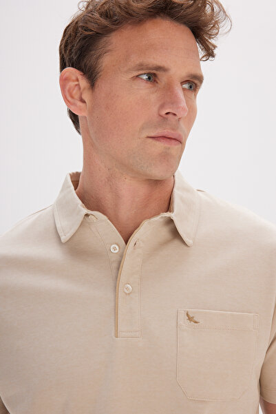 ALTINYILDIZ CLASSICS Tricou cu mânecă scurtă din bumbac, cu decolteu polo, cu croiala relaxată, bej