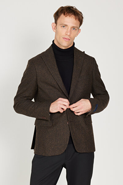 ALTINYILDIZ CLASSICS Men's Brown Slim Fit Slim Fit Swallow Collar Patterned Woolen Jacket