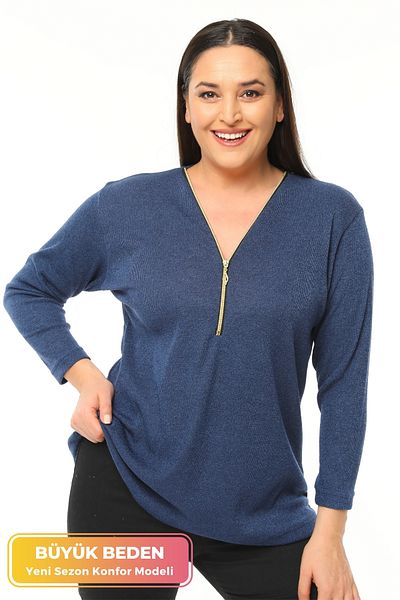 tarzımsüper Large Size Zippered Collar Comfort Model New Season Soft Textured V-Neck Stylish Daily Knitwear Sweater