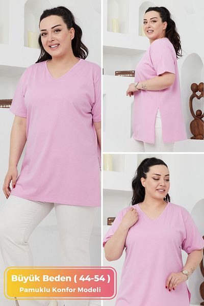 tarzımsüper Large Size Organic Cotton Side Slit Lycra Comfort Model Short Sleeve Sports And Casual T-shirt