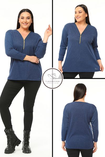 tarzımsüper Large Size Zippered Collar Comfort Model New Season Soft Textured V-Neck Stylish Daily Knitwear Sweater