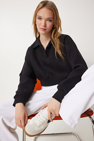 Lovelyİstanbul Polo Yaka Şardonlu Crop Örme Sweatshirt SİYAH LHW0004