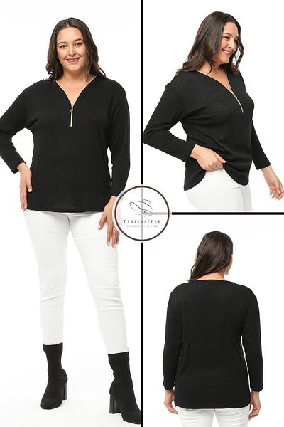 tarzımsüper Large Size Zippered Collar Comfort Model New Season Soft Textured V-Neck Stylish Daily Knitwear Sweater