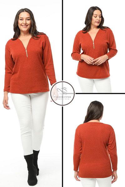 tarzımsüper Large Size Zippered Collar Comfort Model New Season Soft Textured V-Neck Stylish Daily Knitwear Sweater