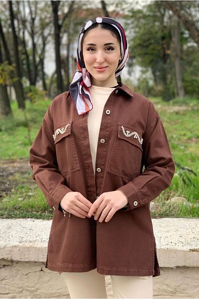 Moda Rosa 25K5098 - Coffee - Wavy Stone Gabardin Jacket with Pockets