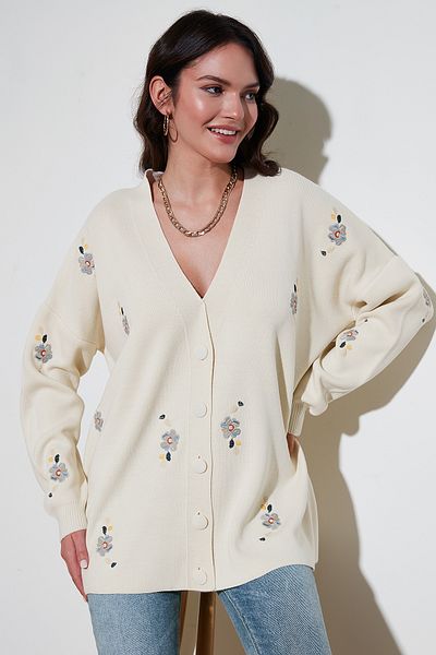 Lela Cardigan supradimensionat cu decolteu în V, cu nasturi, brodat cu flori 4616191