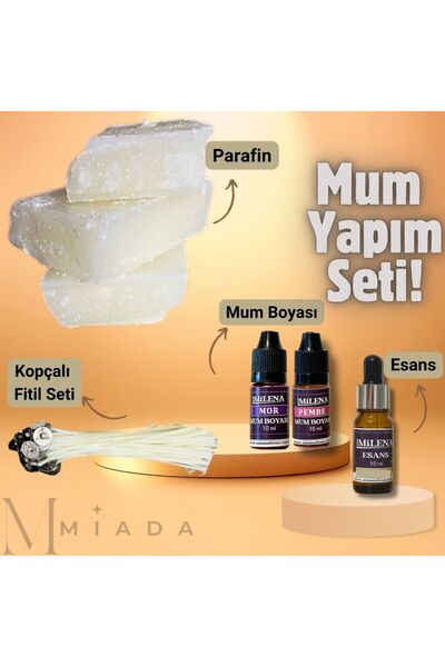 MİADA Mum Yapım Seti 1kg. Parafin+ 2 Mum Boyası 10ml + Esans 10ml +Kopçalı Fi...
